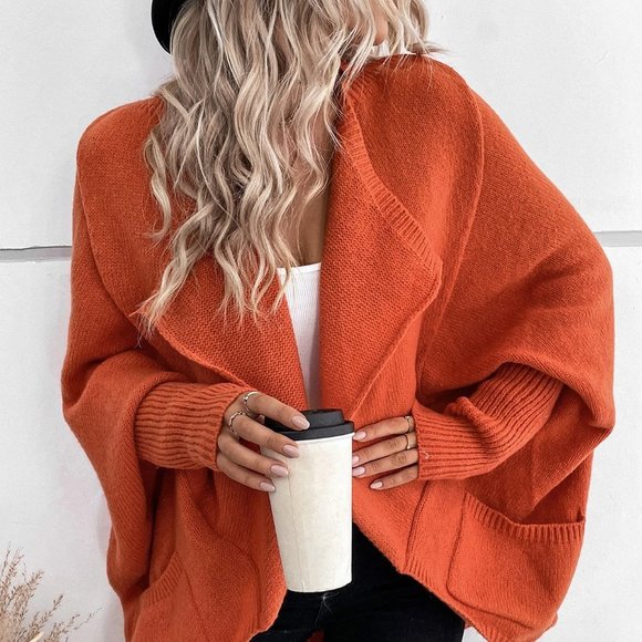 Burnt Orange Boho Womens Waterfall Collar Batwing Sleeve Cardigan - Picture 3 of 5